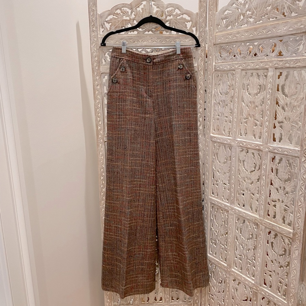 Brown herringbone high waisted wide leg trousers w/ woven color flecks